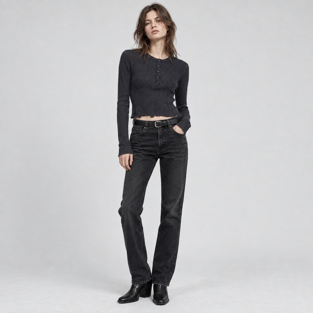 The Kooples Henley Top Ribbed Cropped Raw Hem Grunge Indie M